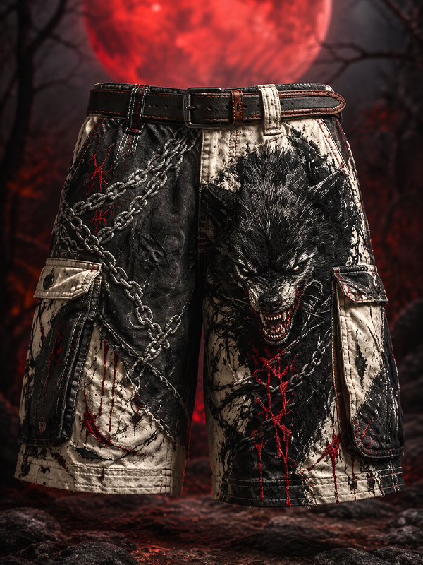 Men's Bloody Moon Werewolf Chain Art Print Casual Shorts