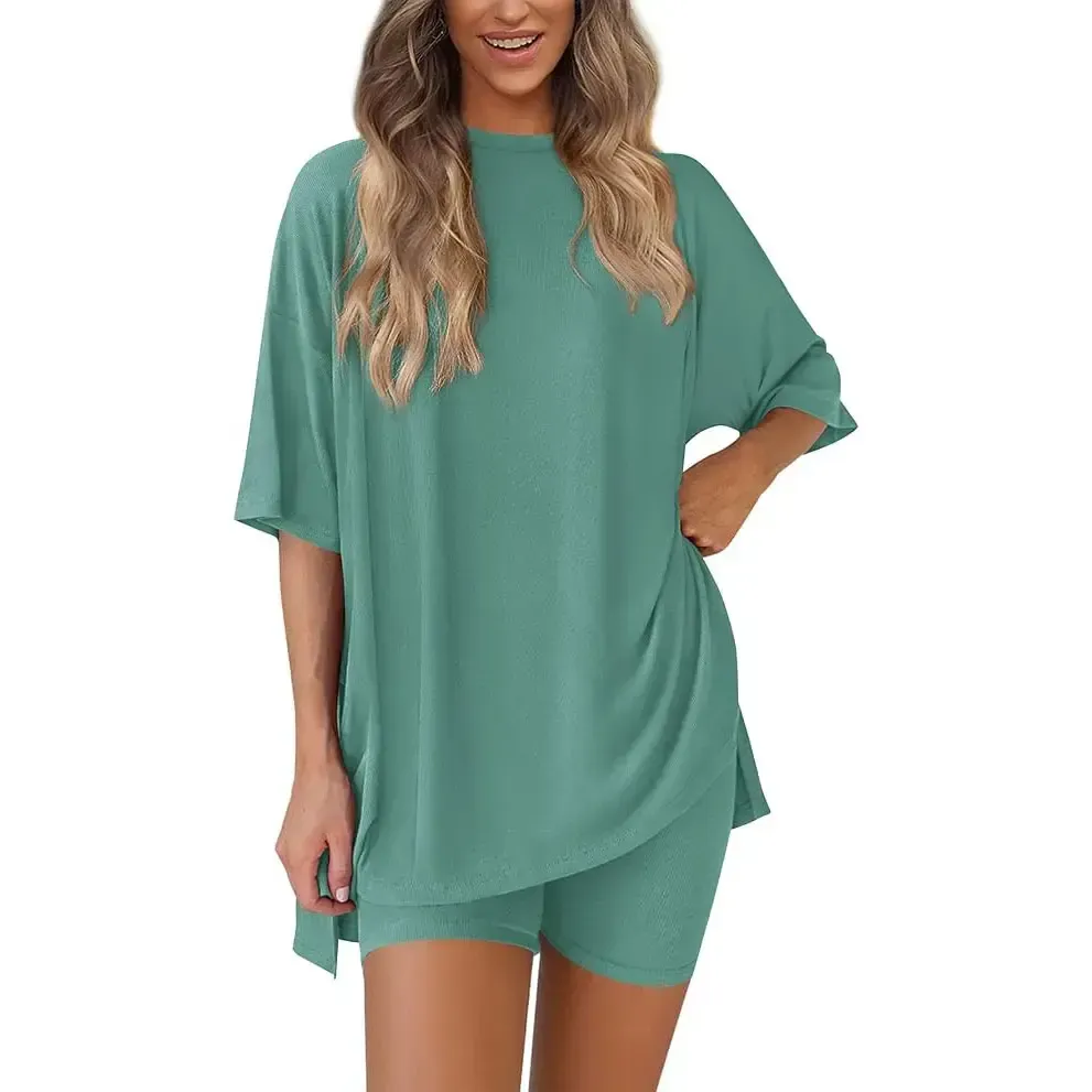 Crewneck Two-Piece Set For Women Summer Casual Oversized Split Hem Shirts