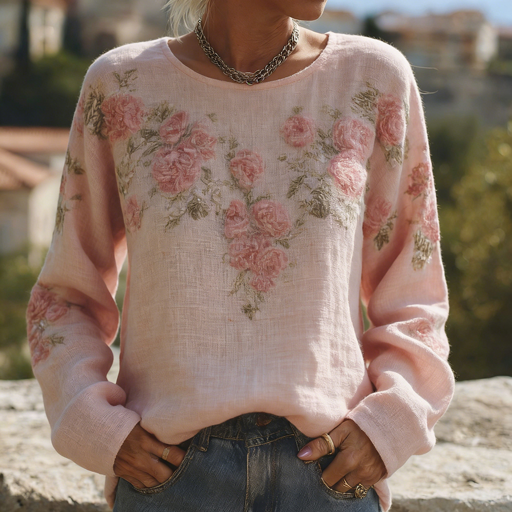 Vintage Boho Roses Pattern Round Neck Cozy Linen Tunic