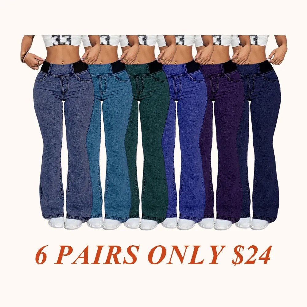 Women's Denim Print Flare Pants, Fashionable Long Jeans for Women