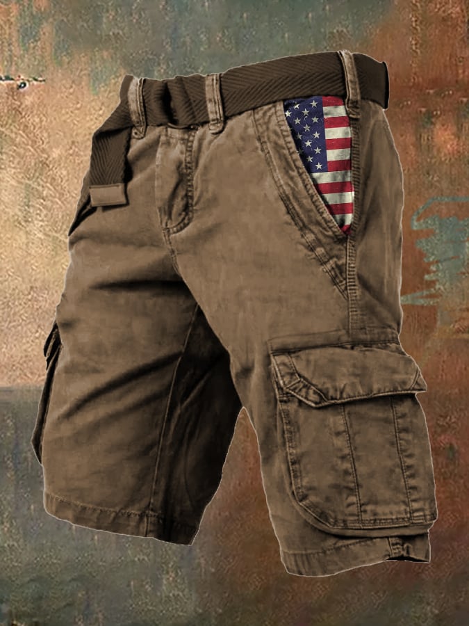Men's Vintage Flag Independence Day Multi-Pocket Print Cargo Shorts (Belt Not Included)