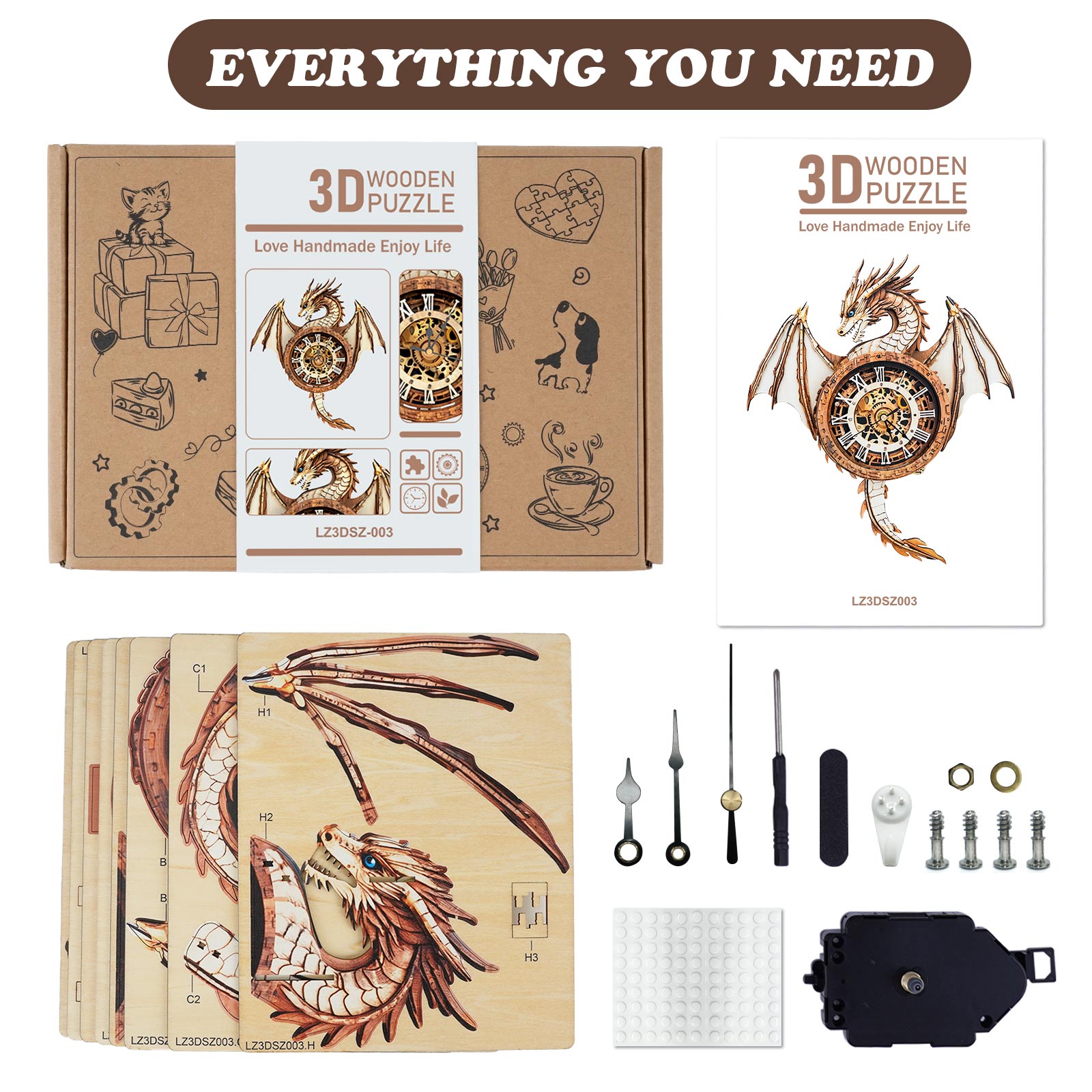 Ancient Dragon DIY Wooden Clock, 3D Puzzle Craft Kit