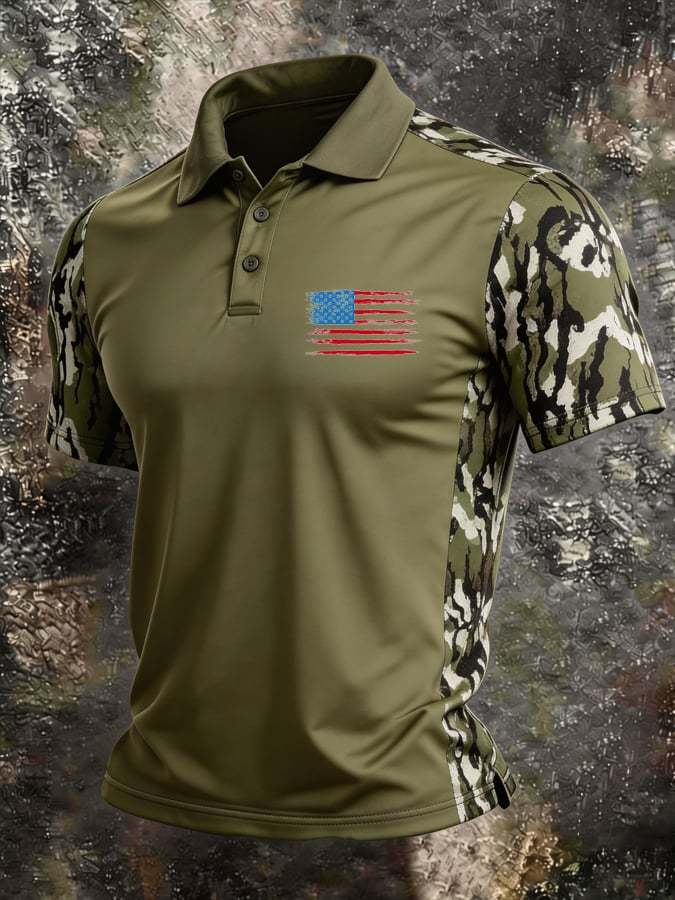 Men's Retro Patriotic Color-Block Short-Sleeve Polo Shirt