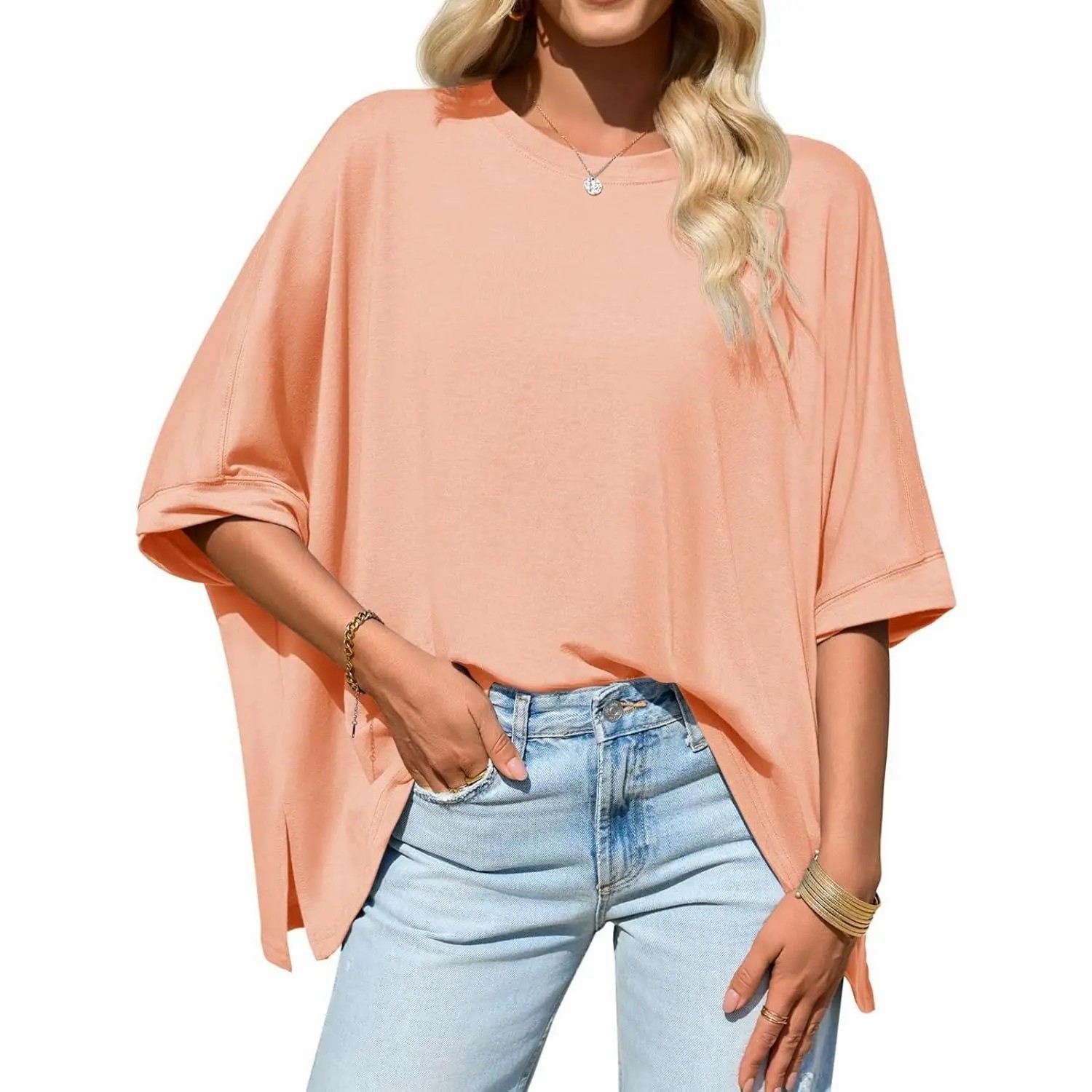 Women's Oversized Batwing Sleeve T-Shirt – Asymmetric Hem Loose Fit Tunic Top
