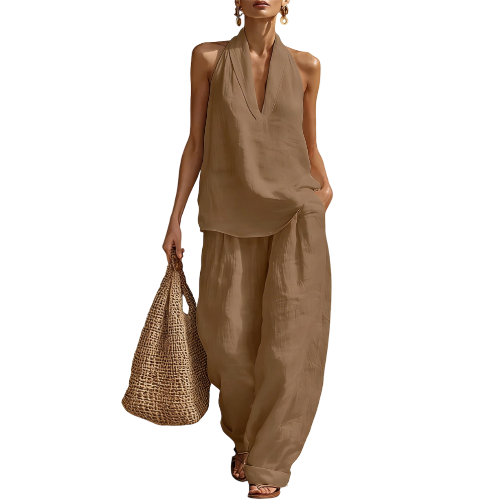 Women's Halter Neck Linen Two Piece Outfit – Casual Sleeveless Top and Wide Leg Pants Set