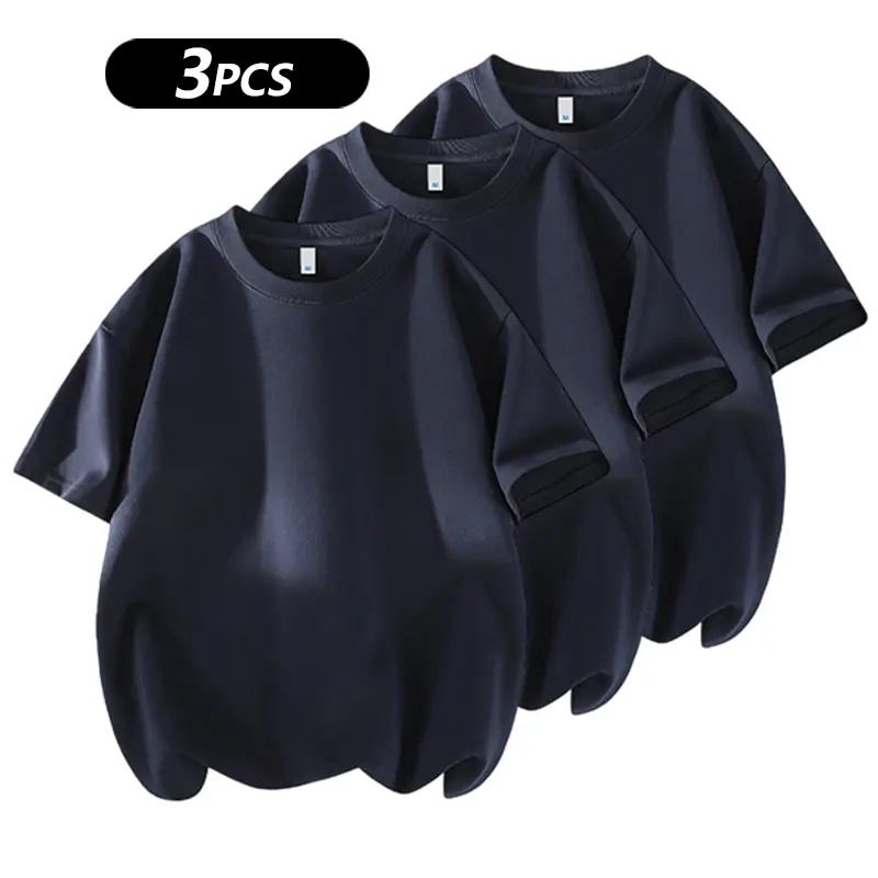 Men's 3PCS 100% cotton Crew Neck T-Shirts Set - Soft Loose Fit Navy Gray Black Tees for Casual Daily Wear