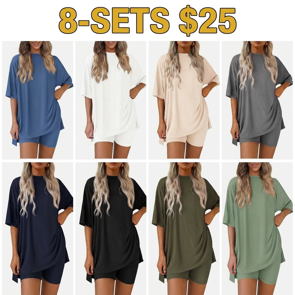 Two-Piece Set For Women Summer Casual Oversized Split Hem Shirts & Side Pocket Biker Shorts