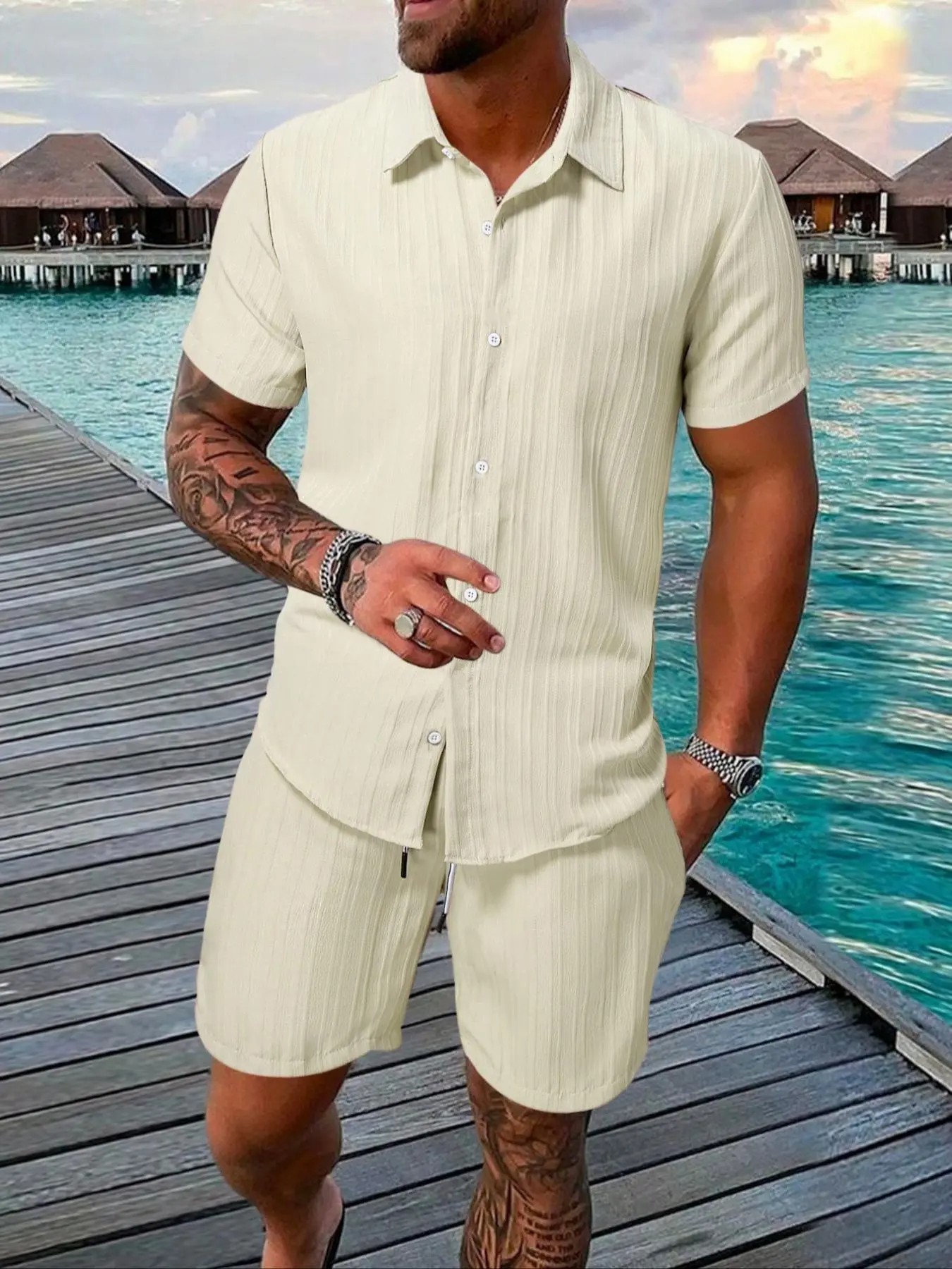 7-Pack Men's Summer Casual Set – Textured Shirt & Shorts | 7 Sets Only $23.99