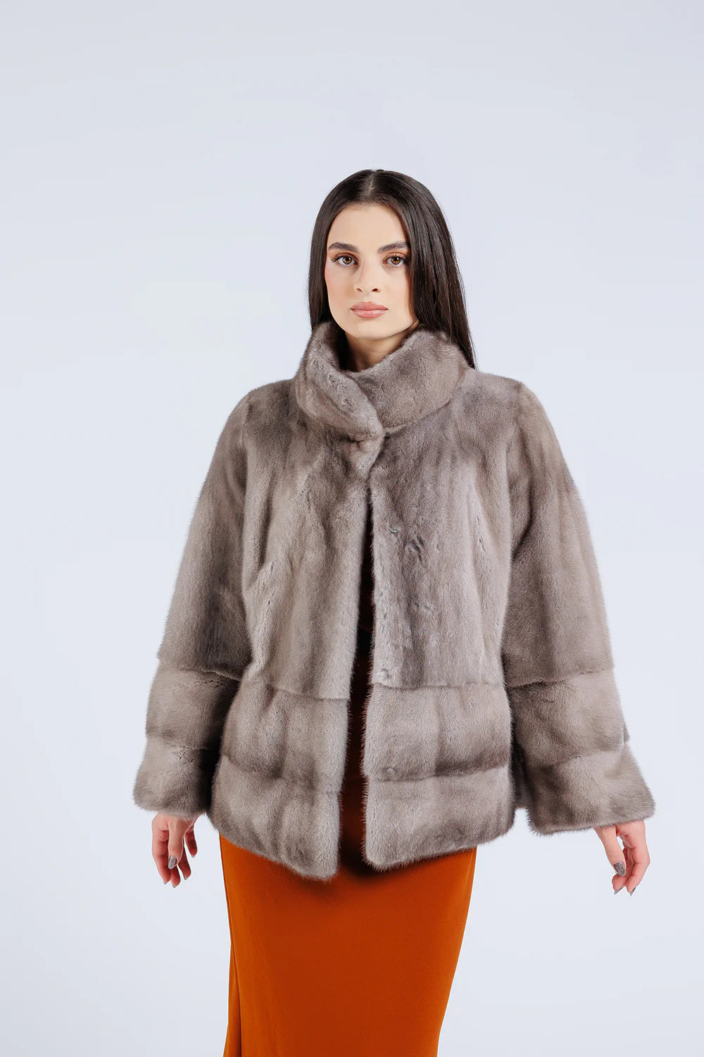 Haină din Blană Naturală de Vizon, Mâneca Clopot, Femei, Silver Blue 227