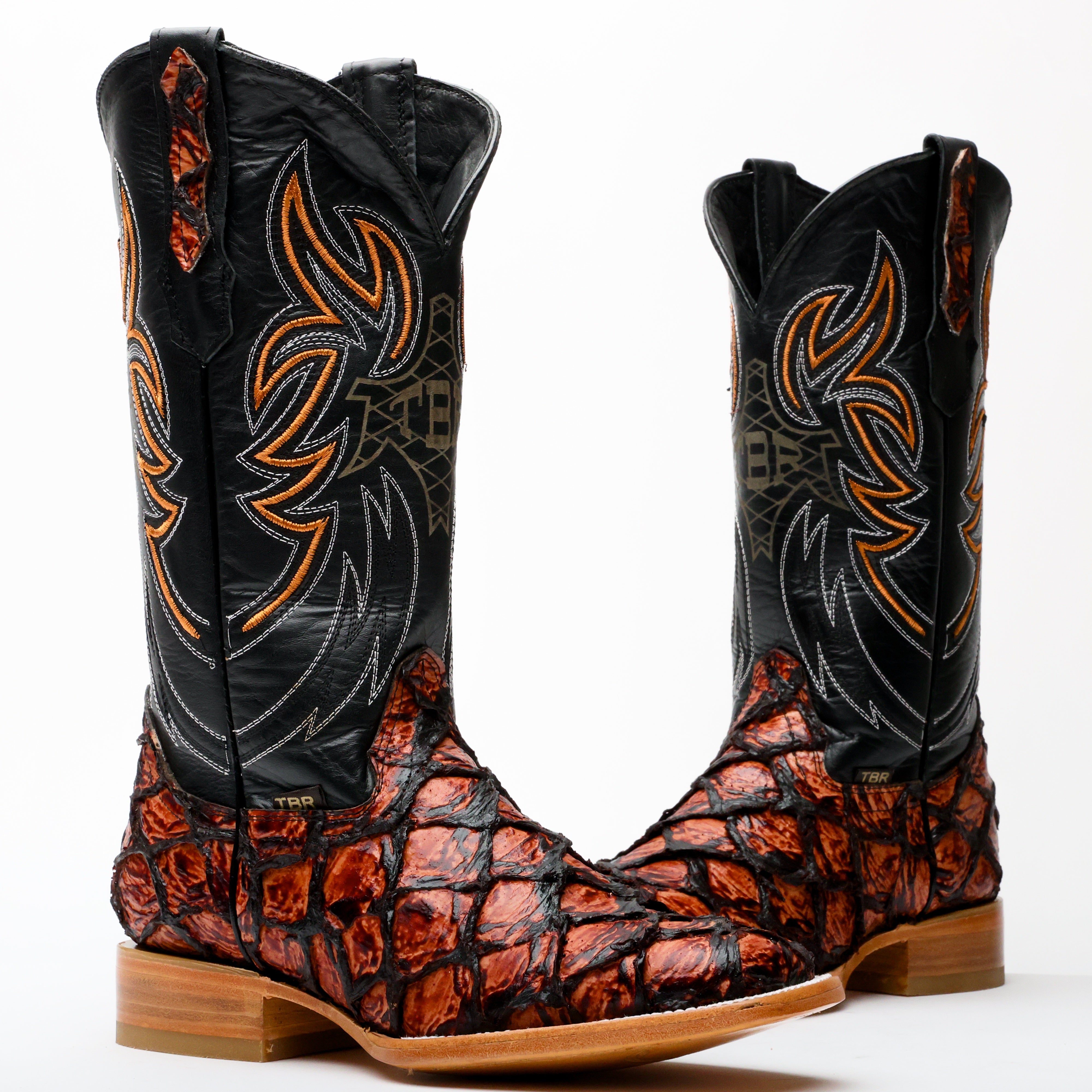 Cognac Jumbo Pirarucu Leather Boots - Square Toe