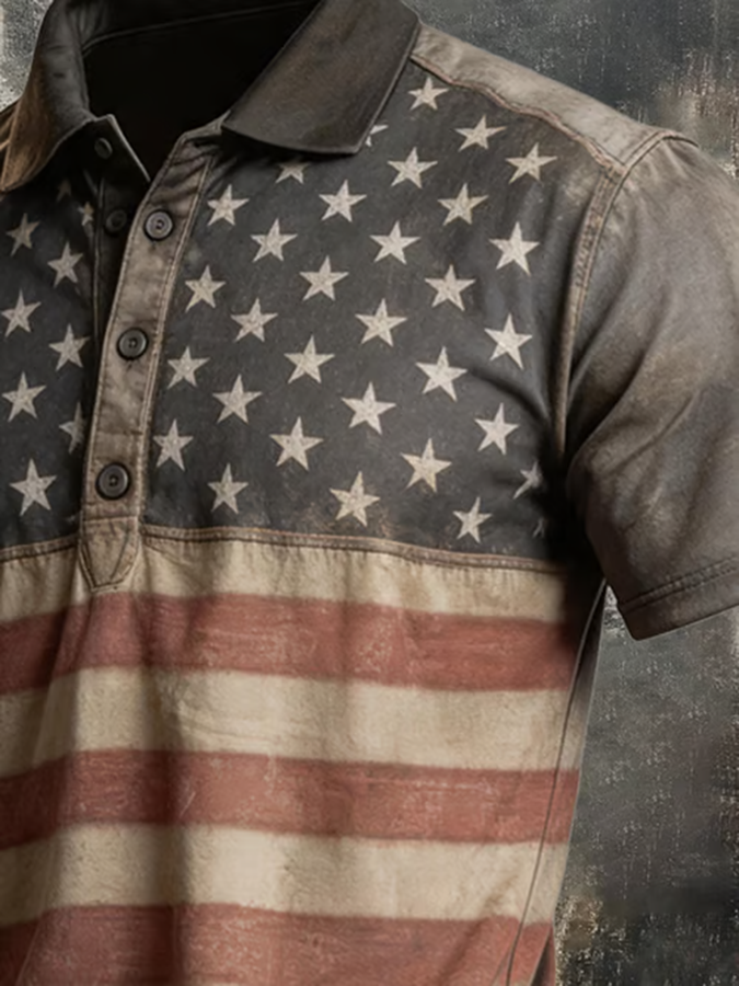 Men'S American Flag Print Casual Polo Shirt
