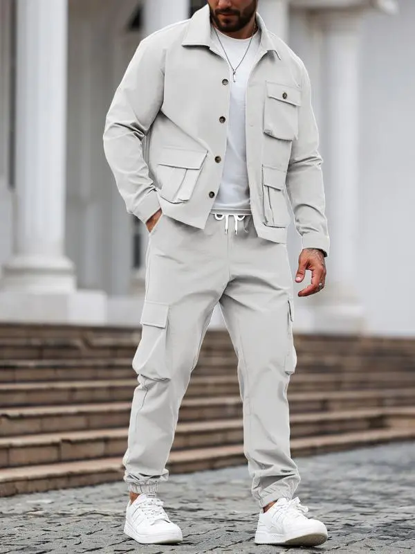 Men's Casual Solid 2-Piece Shirt & Pants Set (Long Sleeve, Spring & Fall)