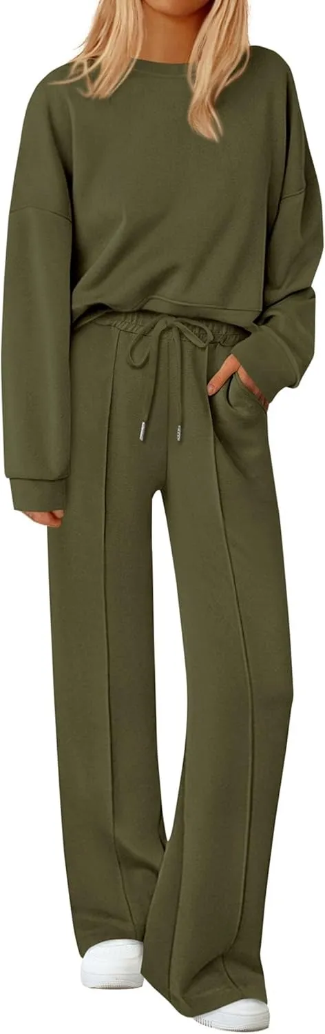 2 Piece Sets For Women Fall Trendy Long Sleeve Sweatshirt Wide Leg Pants Loungewear