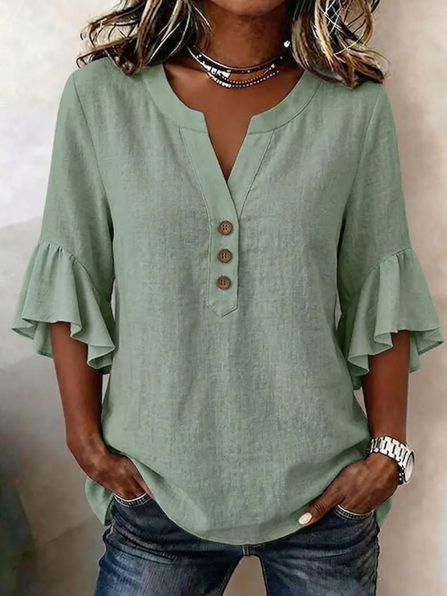Women'S Solid-Color V-Neck 3/4-Sleeve Casual Loose Cotton-Linen Top