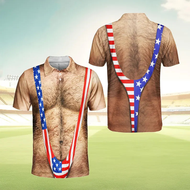 American Flag Funny Hawaiian Shirt Men, Patriotic Chest Hair Illusion Aloha Shirt, 4th of July Button Up Shirt, Independence Party Outfit