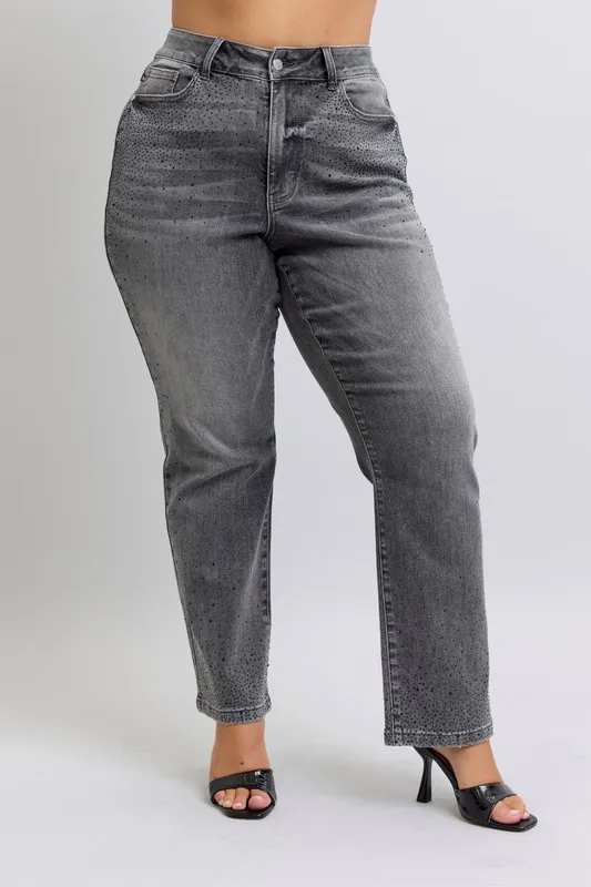 Blue Full Size High Waist Rhinestone Straight Jeans Plus Size