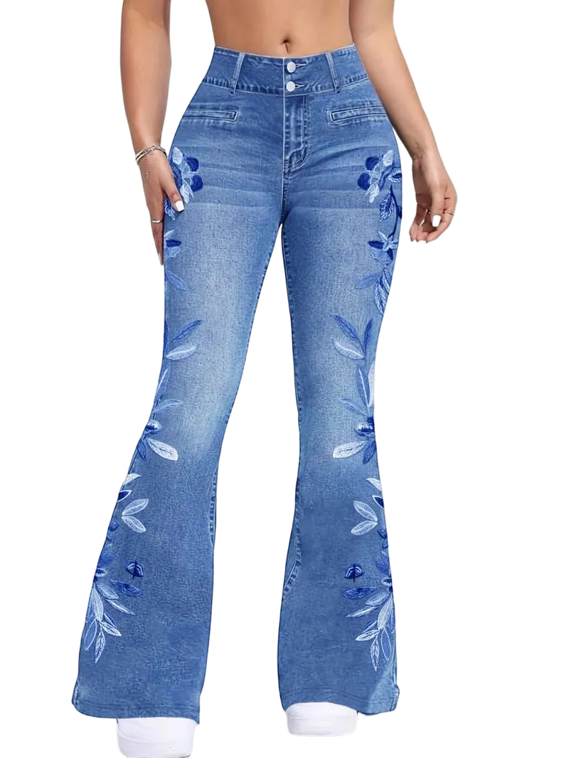 Women's denim printed flared pants