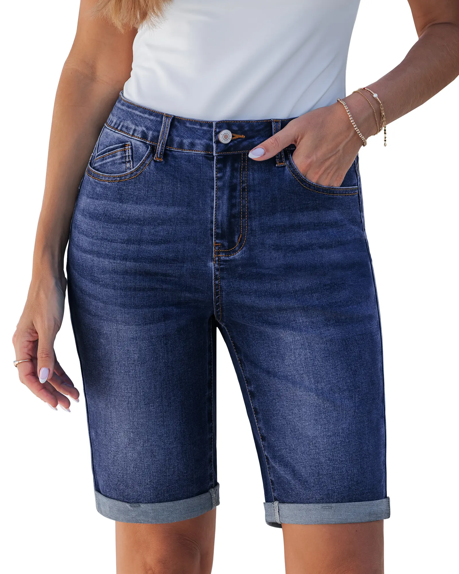 Women’s High‑Waisted Stretch Bermuda Jean Shorts