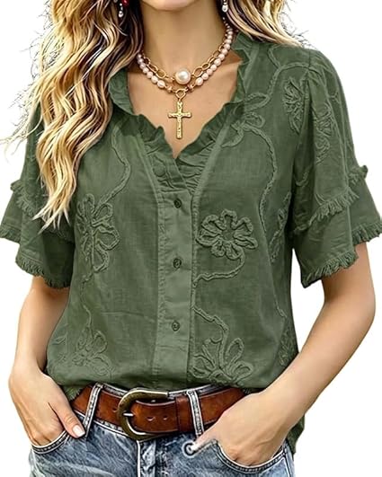 Women's Puff Sleeve Fringed Hem Blouse V Neck Button Regular Fit Casual Solid Spring Summer Top