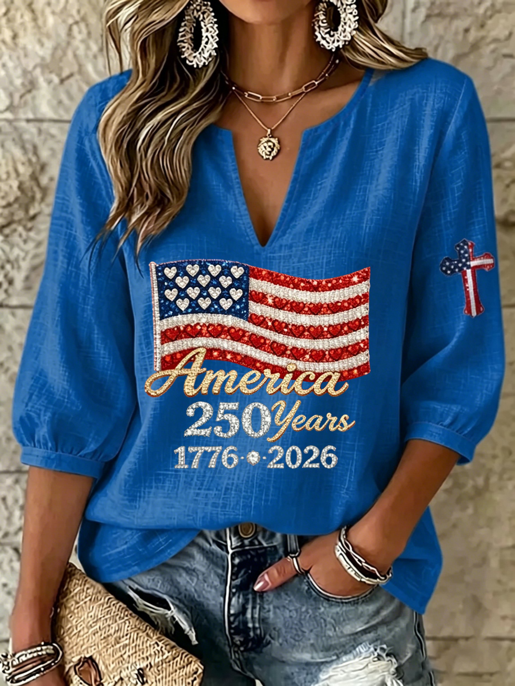 Women's U.S. 250th Anniversary Print V-Neck Top