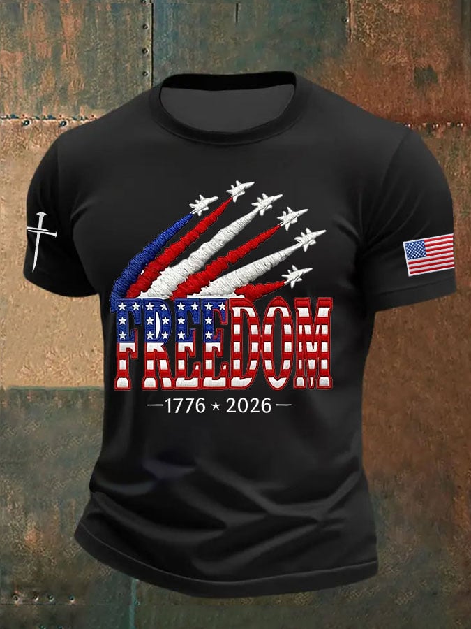 Men's Retro Freedom American Flag Cross Print Round Neck T-Shirt