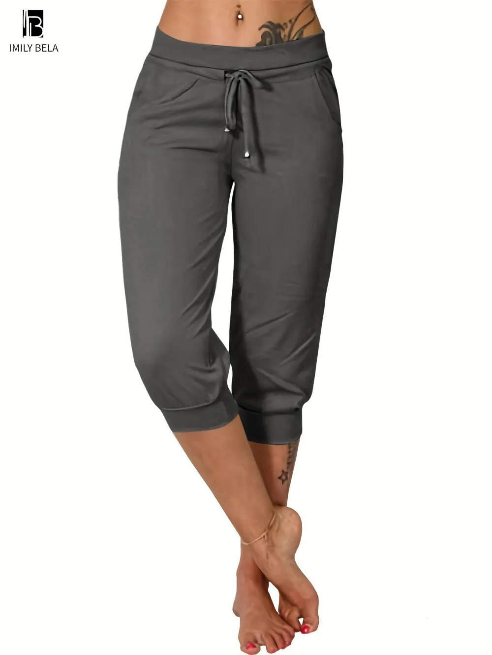 Women's Plain Drawstring Waist Capris Pants, Casual Pocket Trousers for Daily Wear