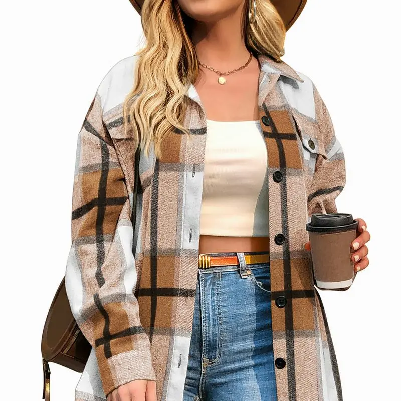 Womens Plus Size Shacket Jacket Flannel Plaid Long Sleeve