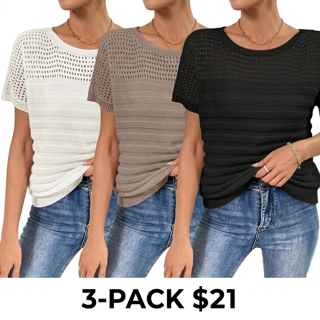 Women's Eyelet Hollow Out Knit Top – Fitted Short Sleeve Crewneck Summer Blouse