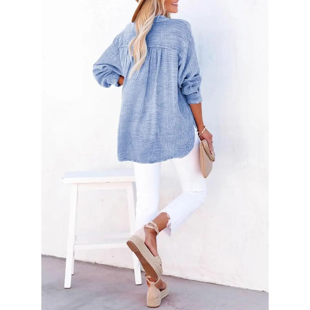 Women's Casual Button V Neck Long Sleeve Shirts Oversized Solid Blouses Tops 100% Cotton