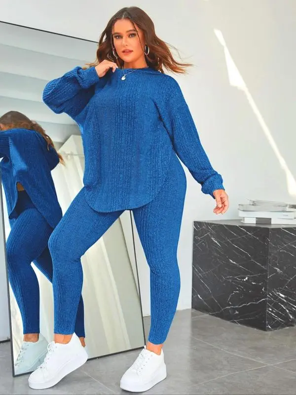 Plain Split Curved Hem Hoodie & Leggings Lounge Two-piece Set
