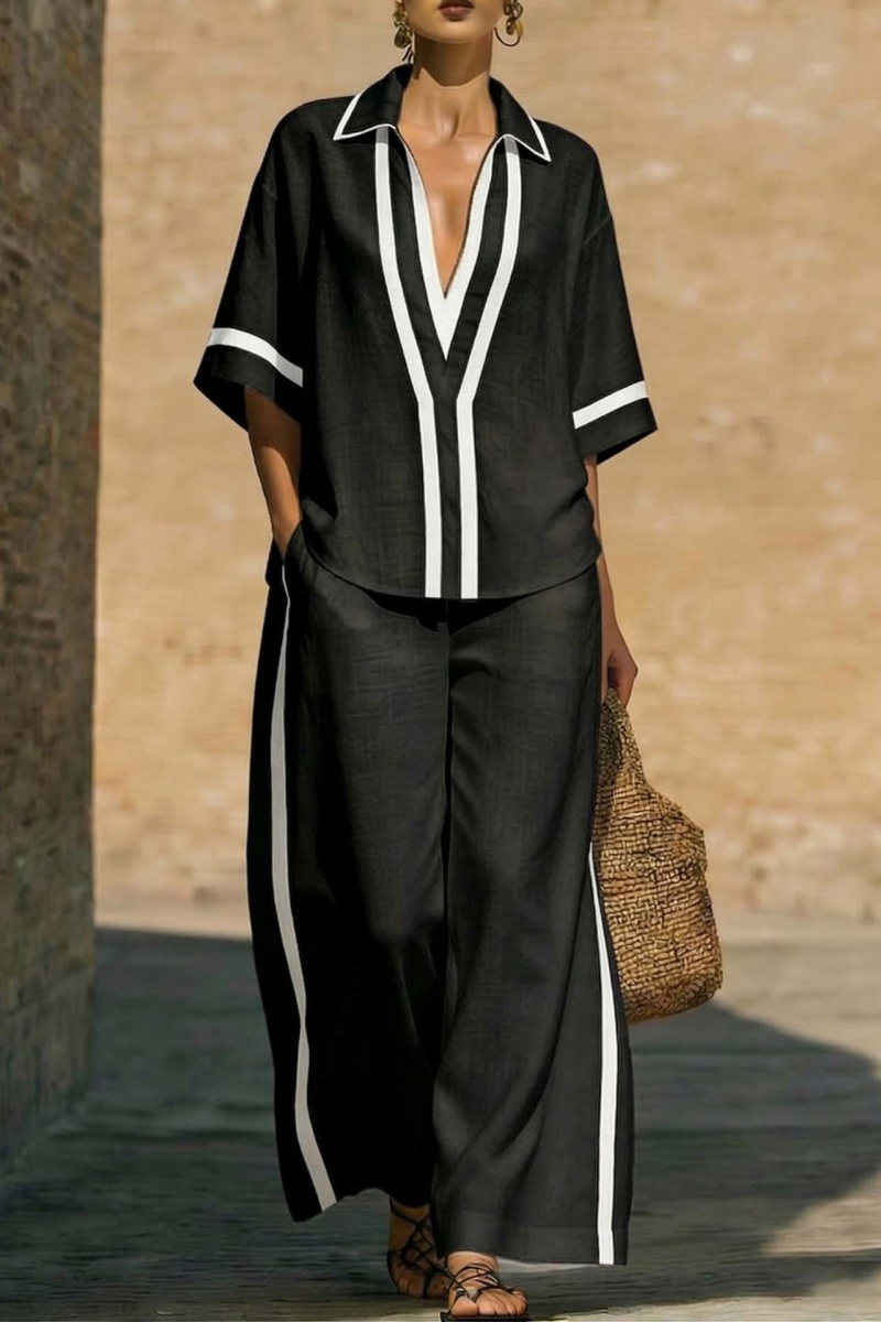Casual Color-Blocked Short-Sleeved Shirt And Wide-Leg Pants Two-Piece Set