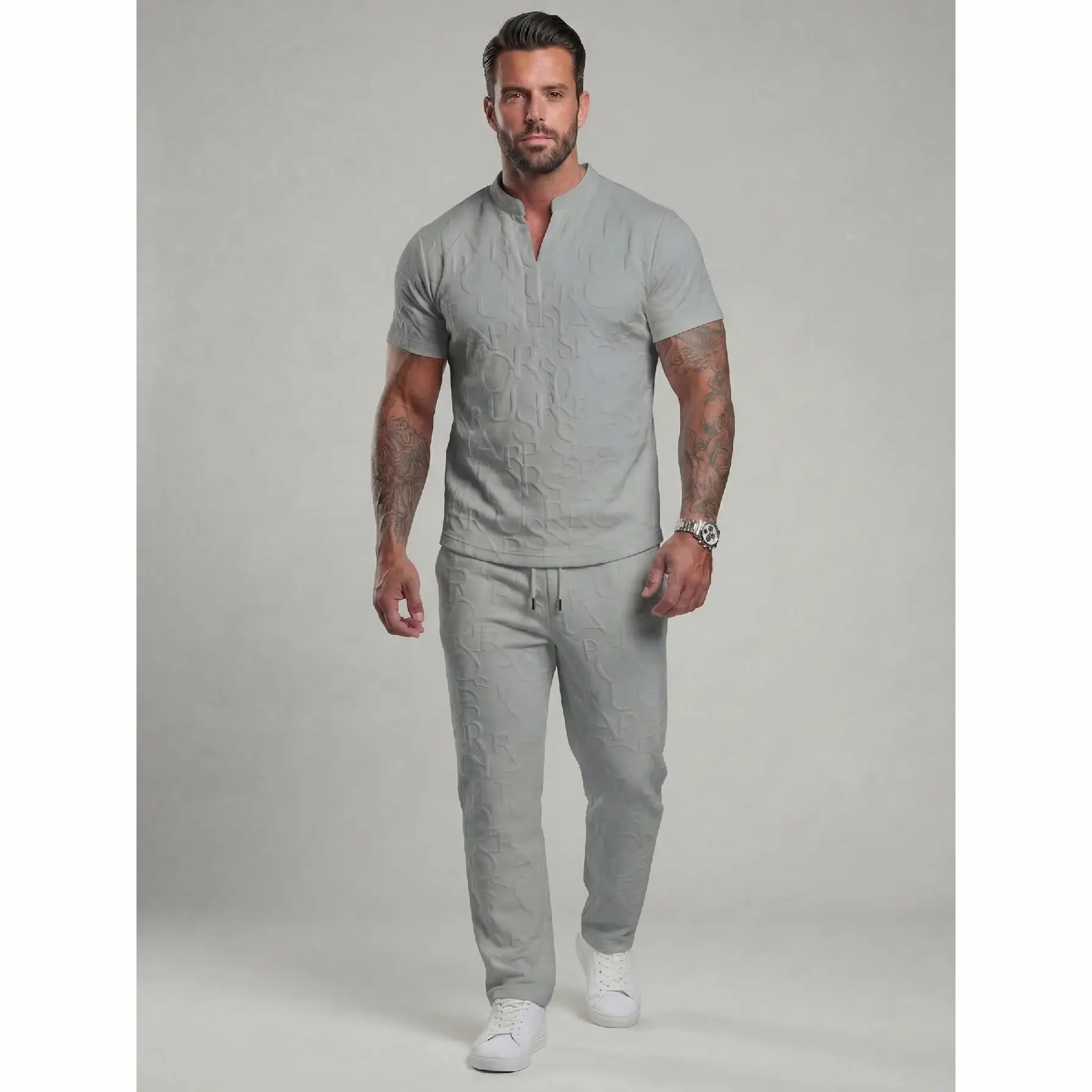 Men's Textured Letter Embossed Tee & Drawstring Waist Pants