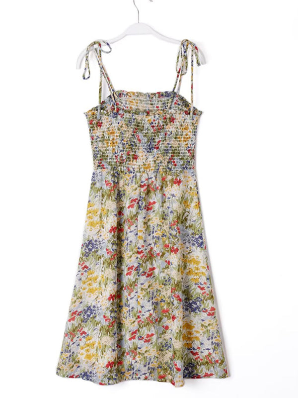 French Resort Style Pleated Elastic Waisted A-Line Skirt Floral Lace Mid-Length Dress
