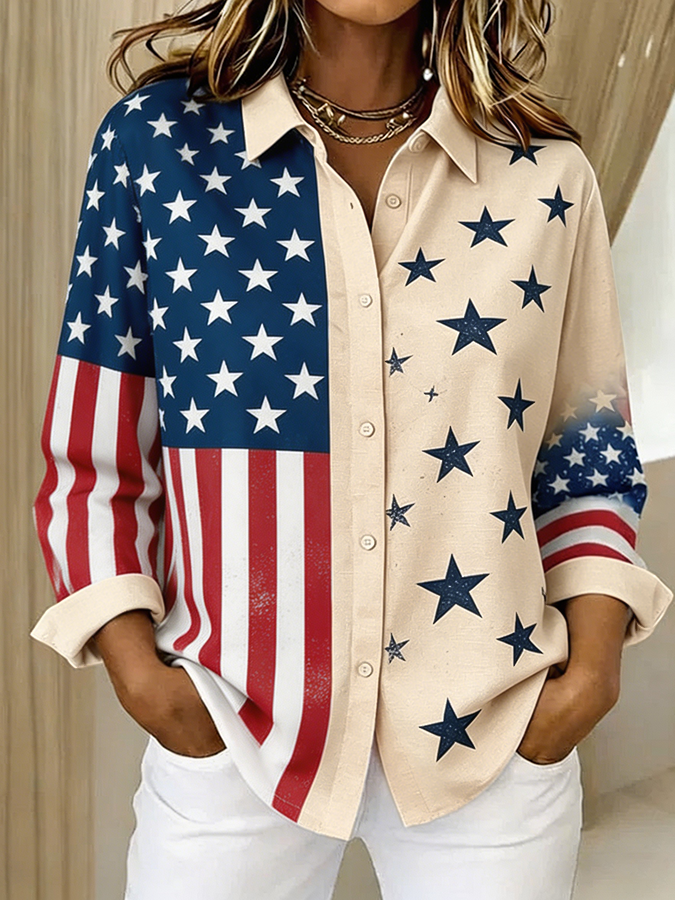 Women's Patriotic American Flag Decal Button Up Shirt