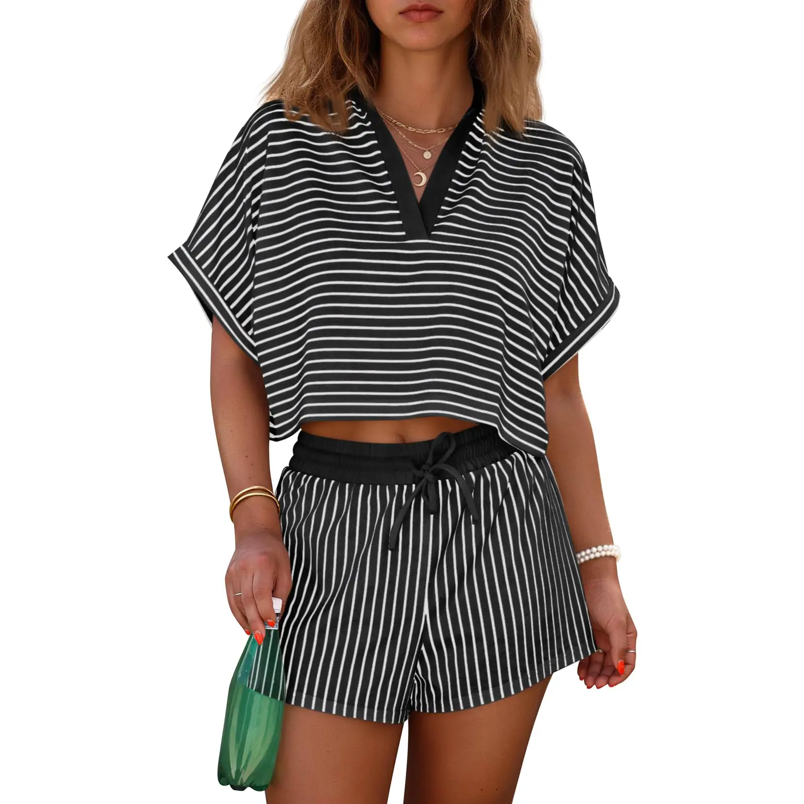 Womens Striped 2 Piece Short Sets