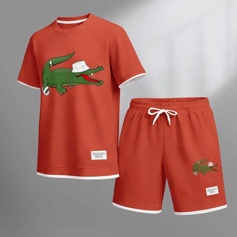 Men's Waffle Knit Two-Piece Set – Breathable Short Sleeve & Drawstring Shorts