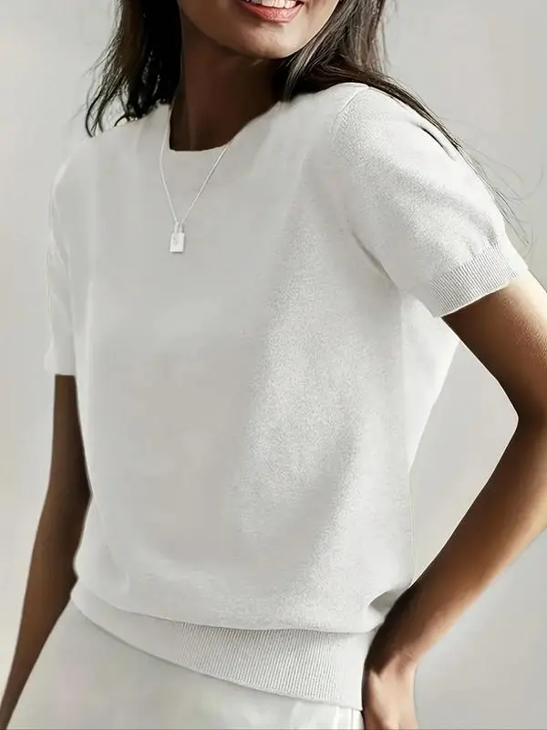 Women's Solid Color Crew Neck Short Sleeve Pullover