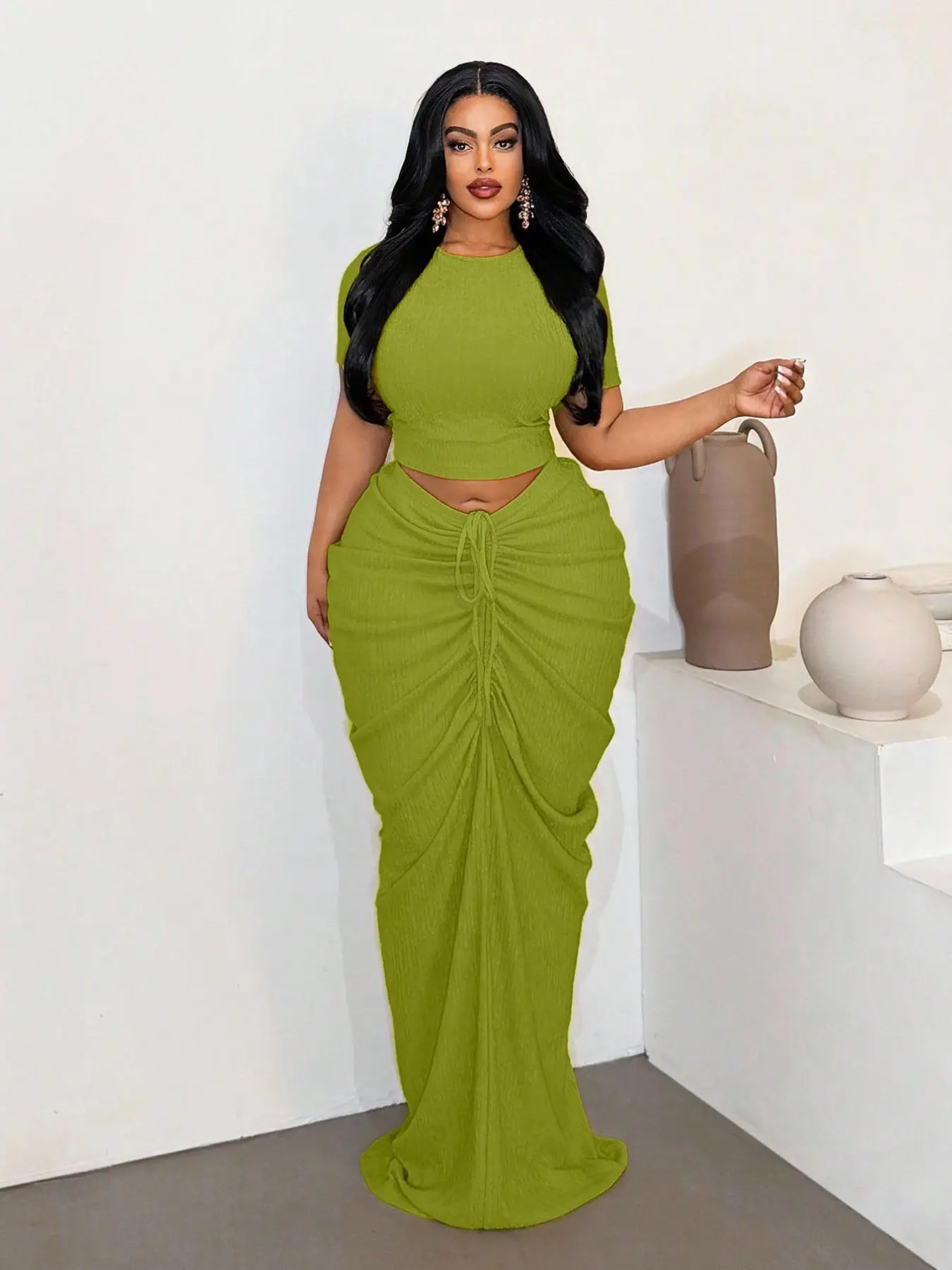 Plus Size Two-Piece Women's Set, Ribbed Short Top & Drawstring Pleated Skirt, Sexy Slim Fit Evening Party Dress