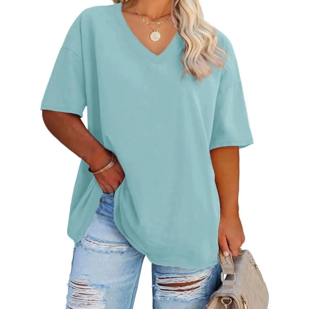 Women's V-Neck Short Sleeve Tunic Top Casual Loose Fit Soft Cotton Summer Tee
