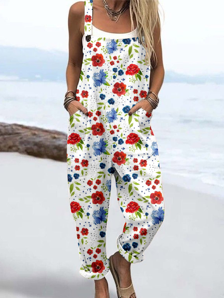 Wome'S Red And White Floral Pattern Print Casual Cotton Wide Leg Jumpsuit