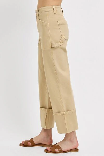 Full Size High Rise Wide Straight Cuffed Patch Jeans