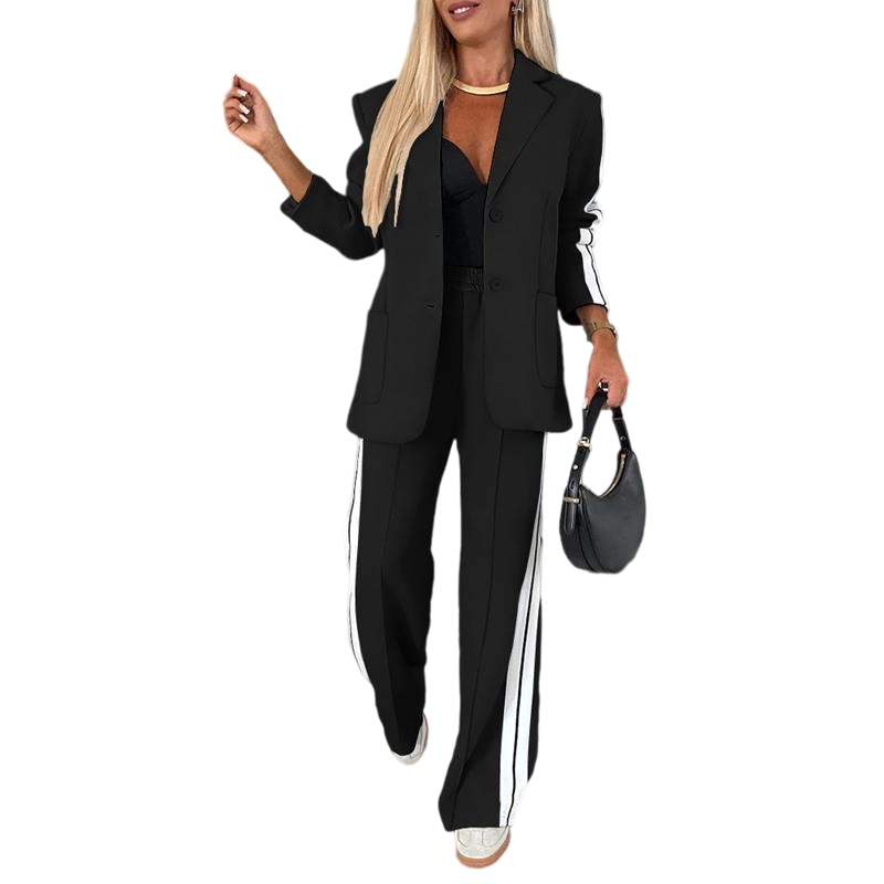 Women's Striped Side Tape Blazer & Wide-Leg Pants Set