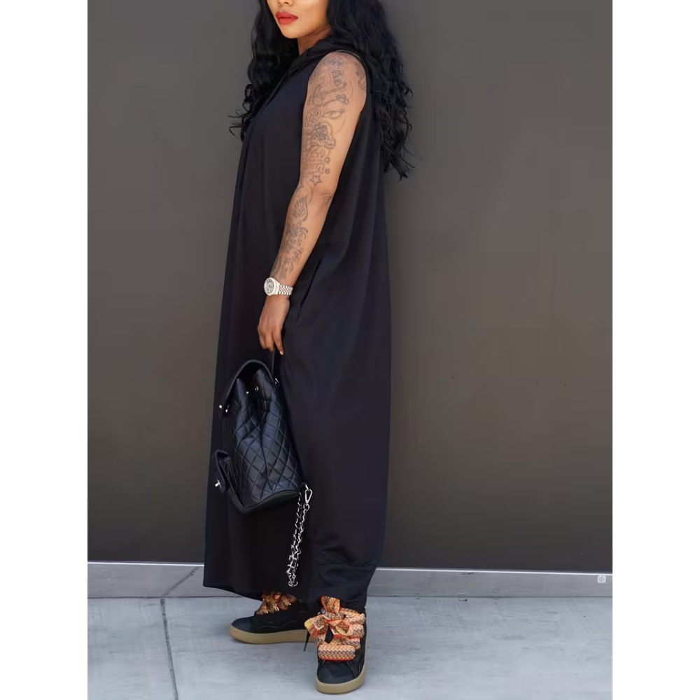 Women's Plain Drawstring Hooded Tank Dress, Casual Basic Pocket Sleeveless Dress