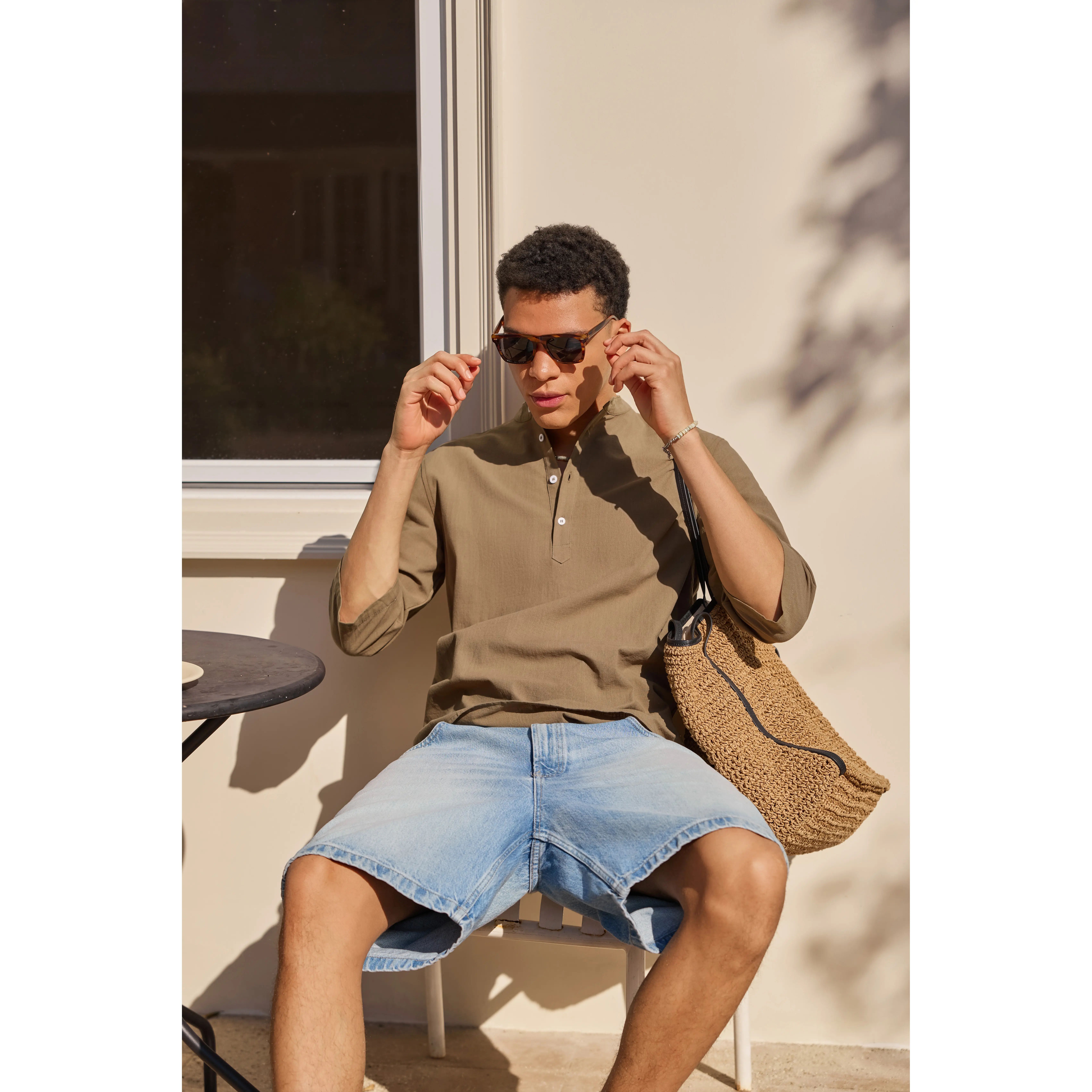 Mens 70% Cotton 30% Linen Shirts Casual Cotton 3/4 Sleeve Regular-Fit Henley T-Shirt Summer Lightweight Beach Yoga Tops
