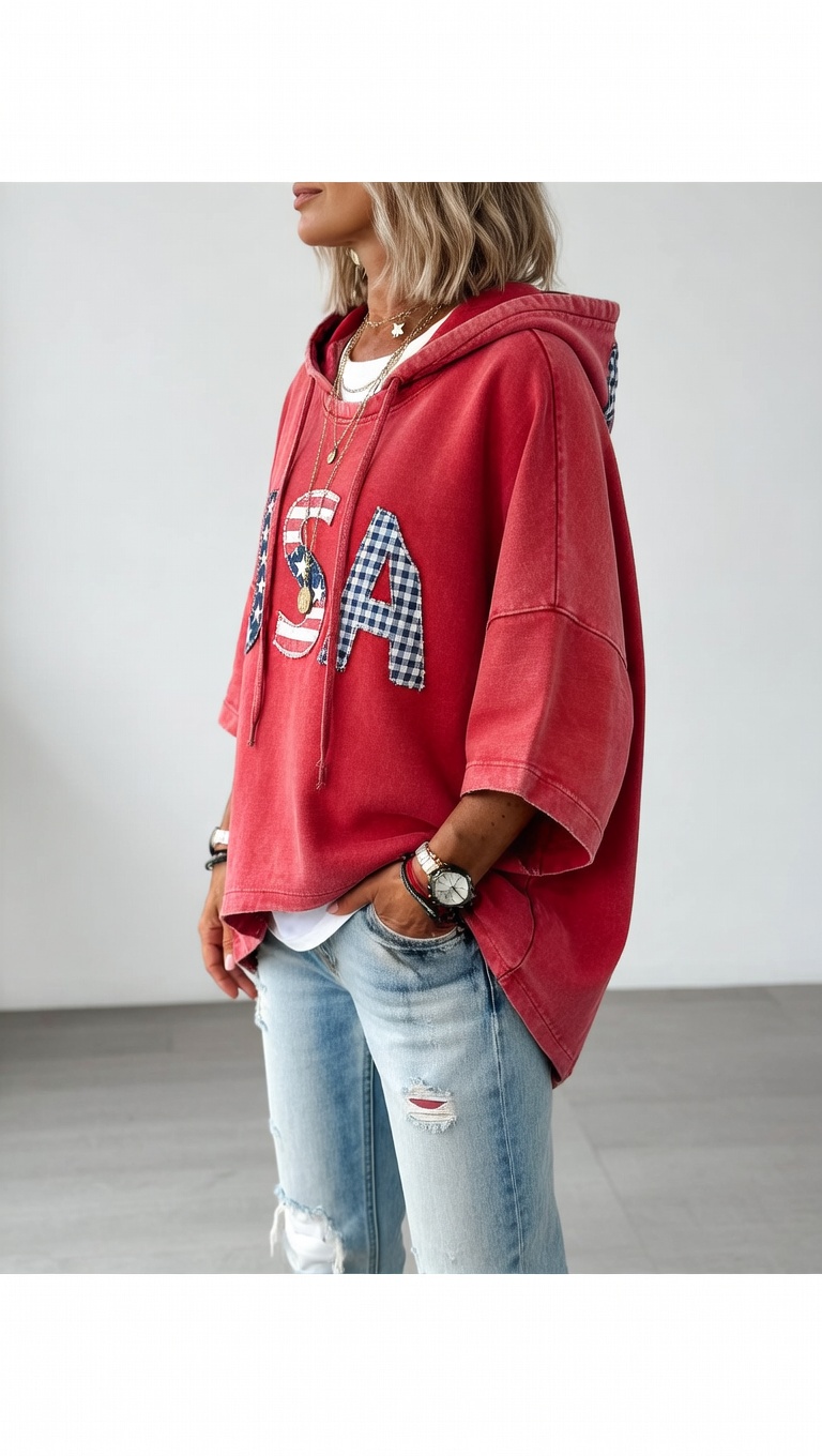 Patriotic Red USA Star Stripe Applique Oversized Hoodie