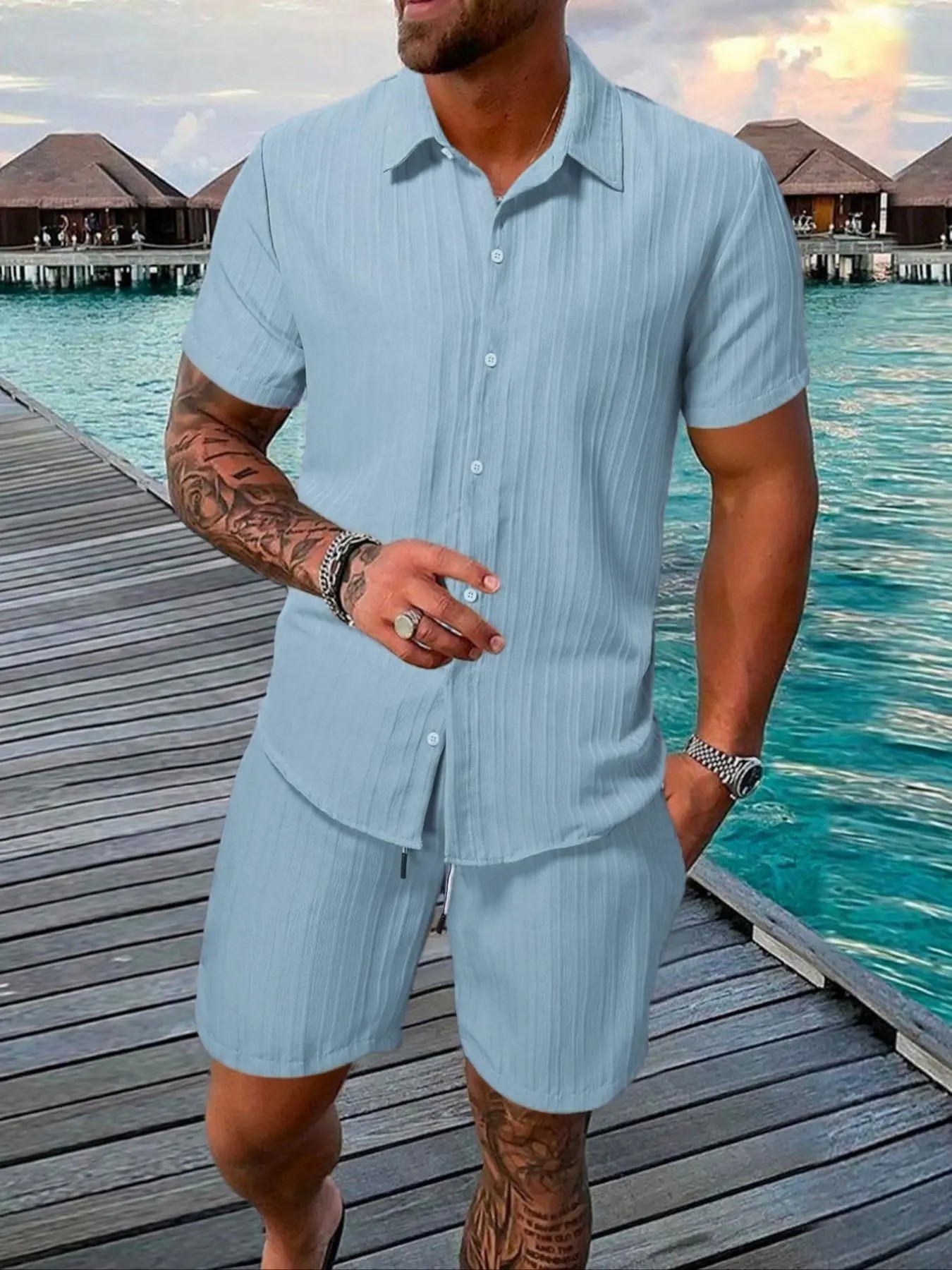 7-Pack Men's Summer Casual Set – Textured Shirt & Shorts | 7 Sets Only $23.99