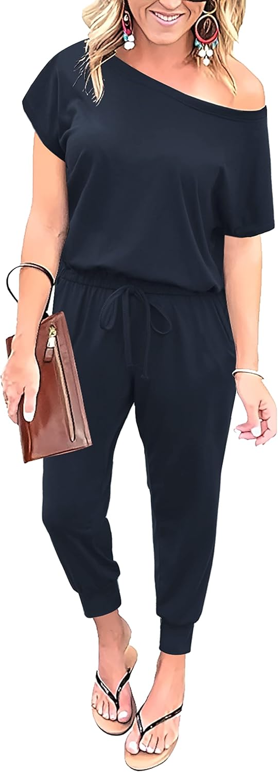 Summer Jumpsuit Rompers Off Shoulder for Women with Pockets Casual Elastic Waist
