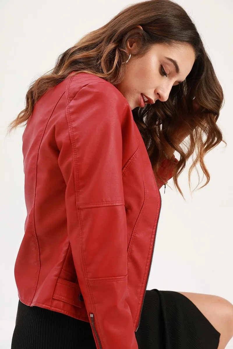 Women's Slim Fit Faux Leather Jacket Stand Collar Motorcycle Style Spring Autumn