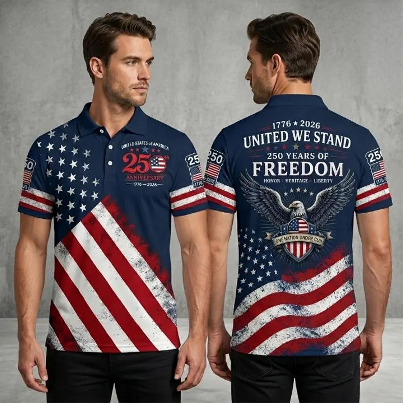 250 Years Patriotic Golf Polo Shirt, USA Flag AOP Polo for Men, 4th of July Independence Day Shirt