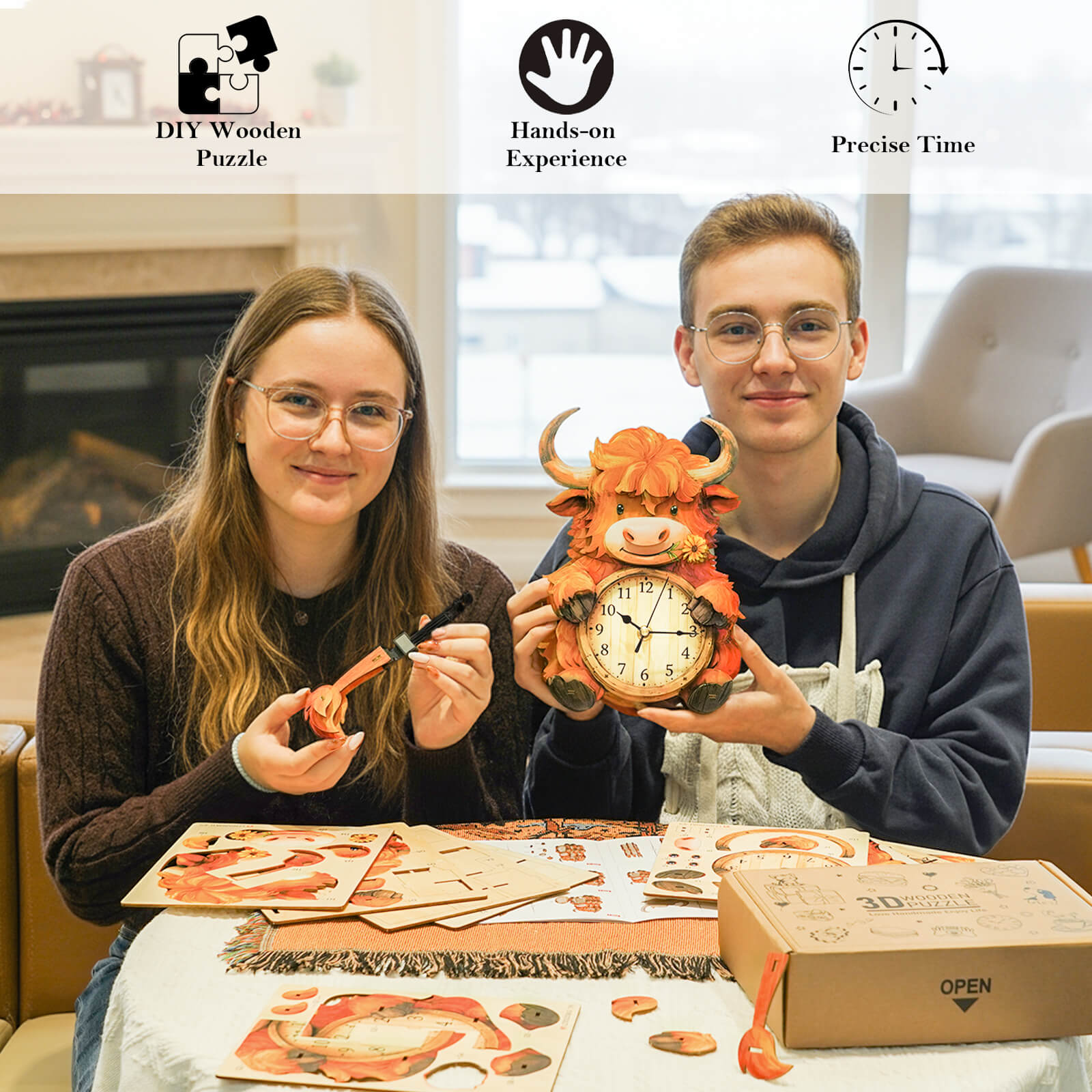 Highland Cattle DIY Wooden Clock, 3D Puzzle Craft Kit